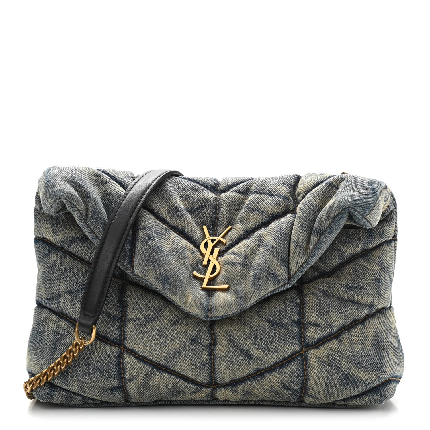 Saint Laurent Denim Quilted Toy Loulou Puffer Monogram Chain Satchel Blue Black 1 of 11