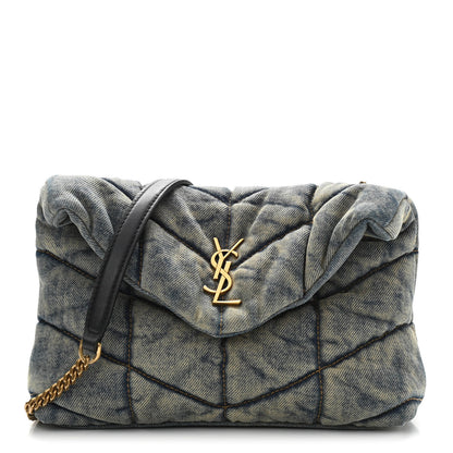 Saint Laurent Denim Quilted Toy Loulou Puffer Monogram Chain Satchel Blue Black 1 of 11