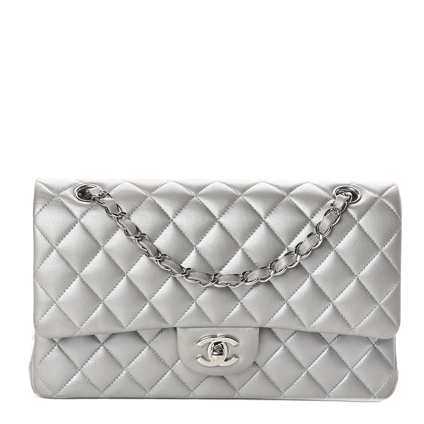 Metallic Lambskin Quilted Medium Double Flap Silver