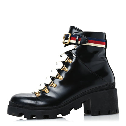 Gucci Calfskin Sylvie Web Womens Lace Up Combat Boots 39.5 Black 1 of 7