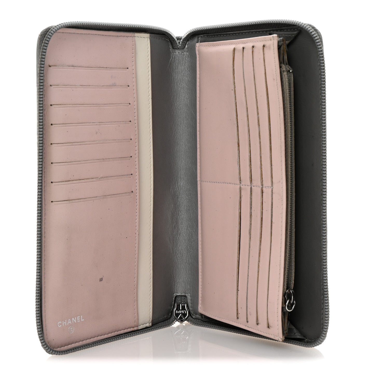 Metallic Aged Calfskin Quilted Palette Large Zip Around Organizer Wallet Silver