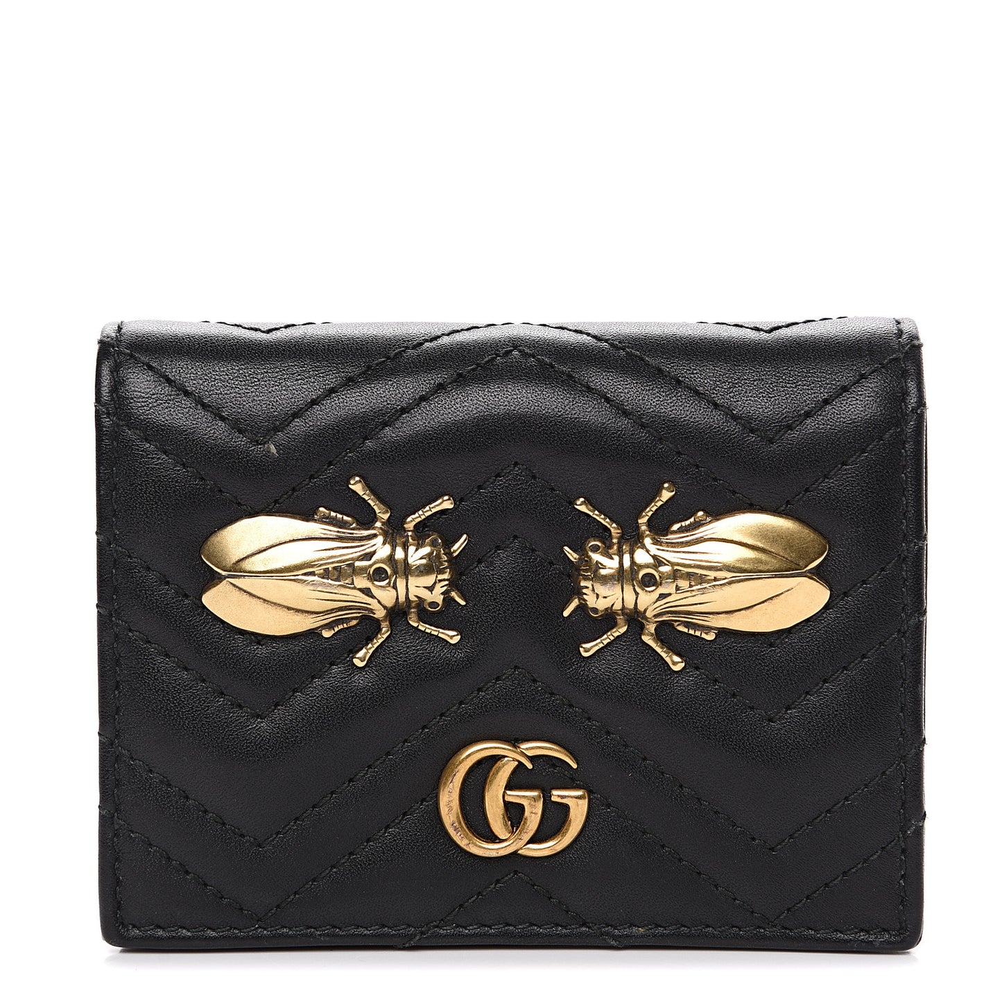 Calfskin Matelasse Cicada Stud GG Marmont Card Case Wallet Black