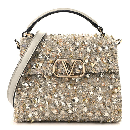 Valentino Garavani Sequin Crystal Embroidered Mini Vsling Top Handle Bag Silver Opal Grey 1 of 9