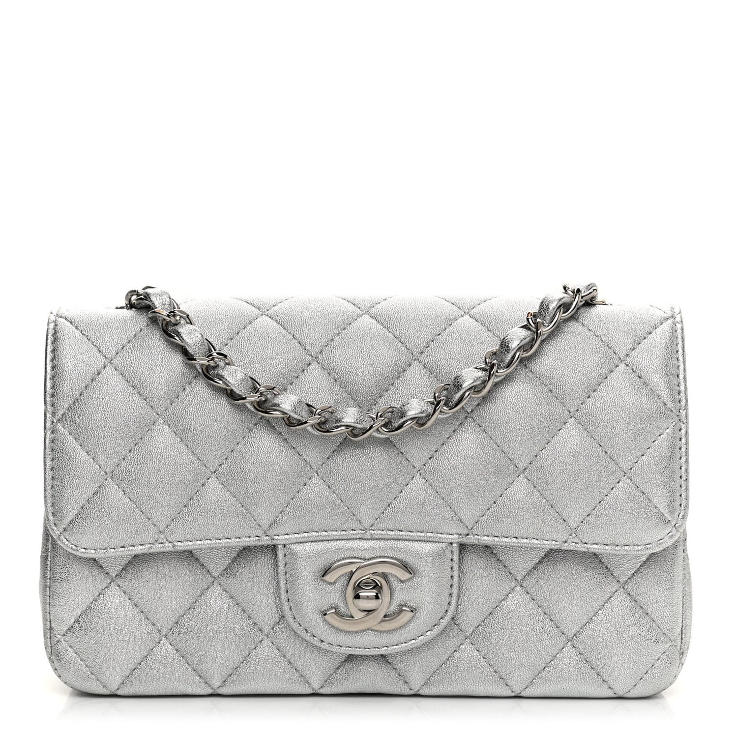 Metallic Lambskin Quilted Mini Rectangular Flap Silver