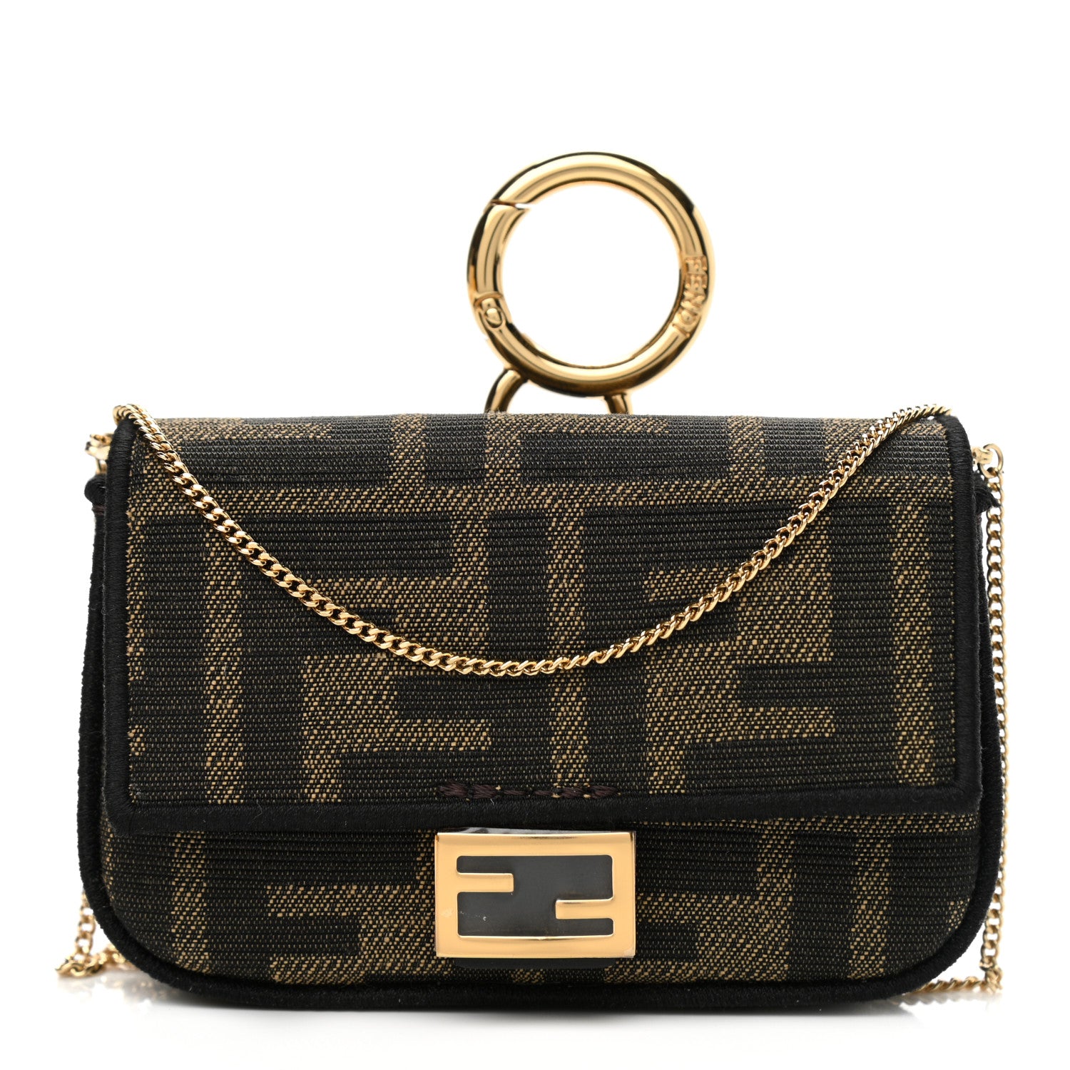 Fendi Fabric Jacquard FF 1974 Nano Baguette Charm Tobacco Moro Black 1 of 12