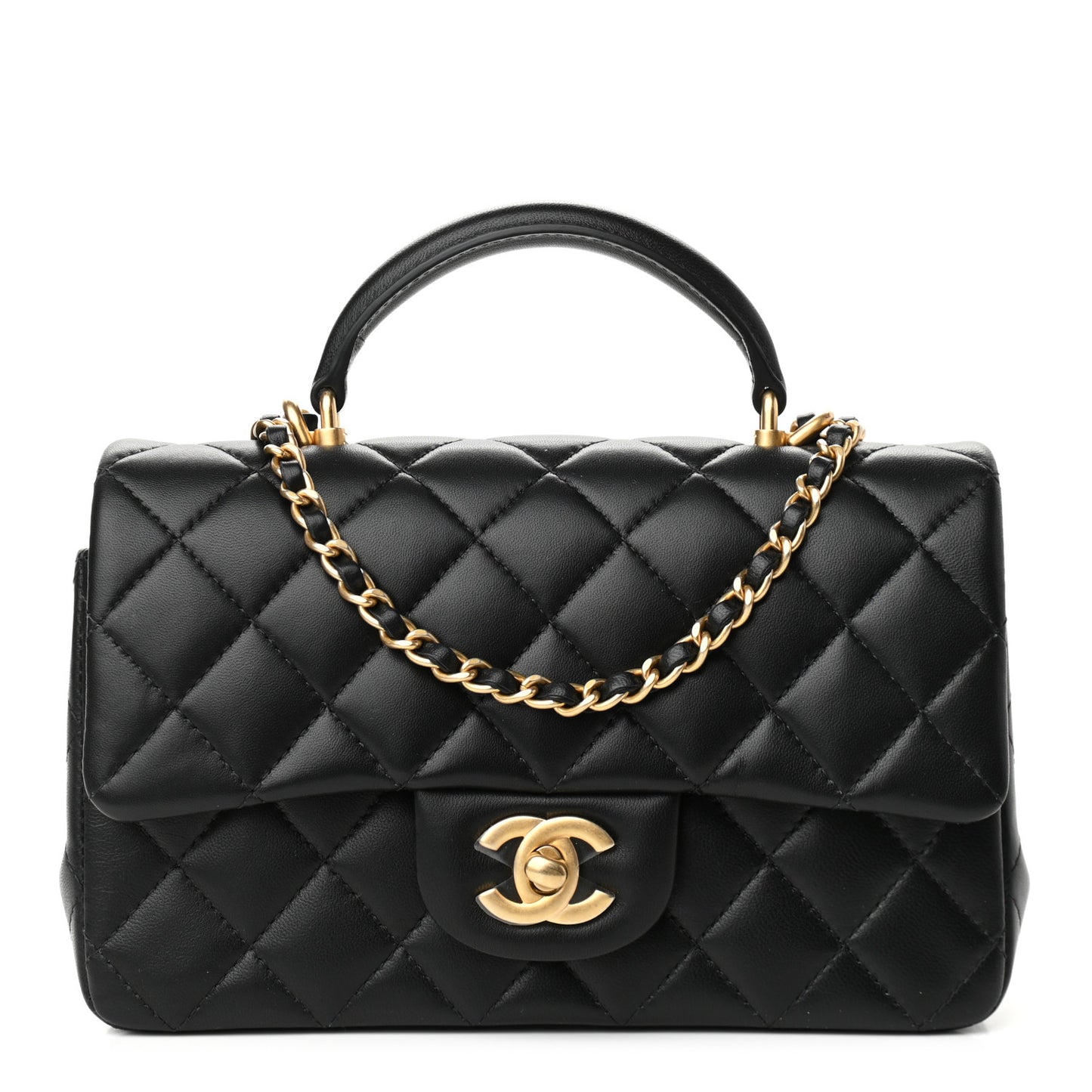 Lambskin Quilted Mini Top Handle Rectangular Flap Black