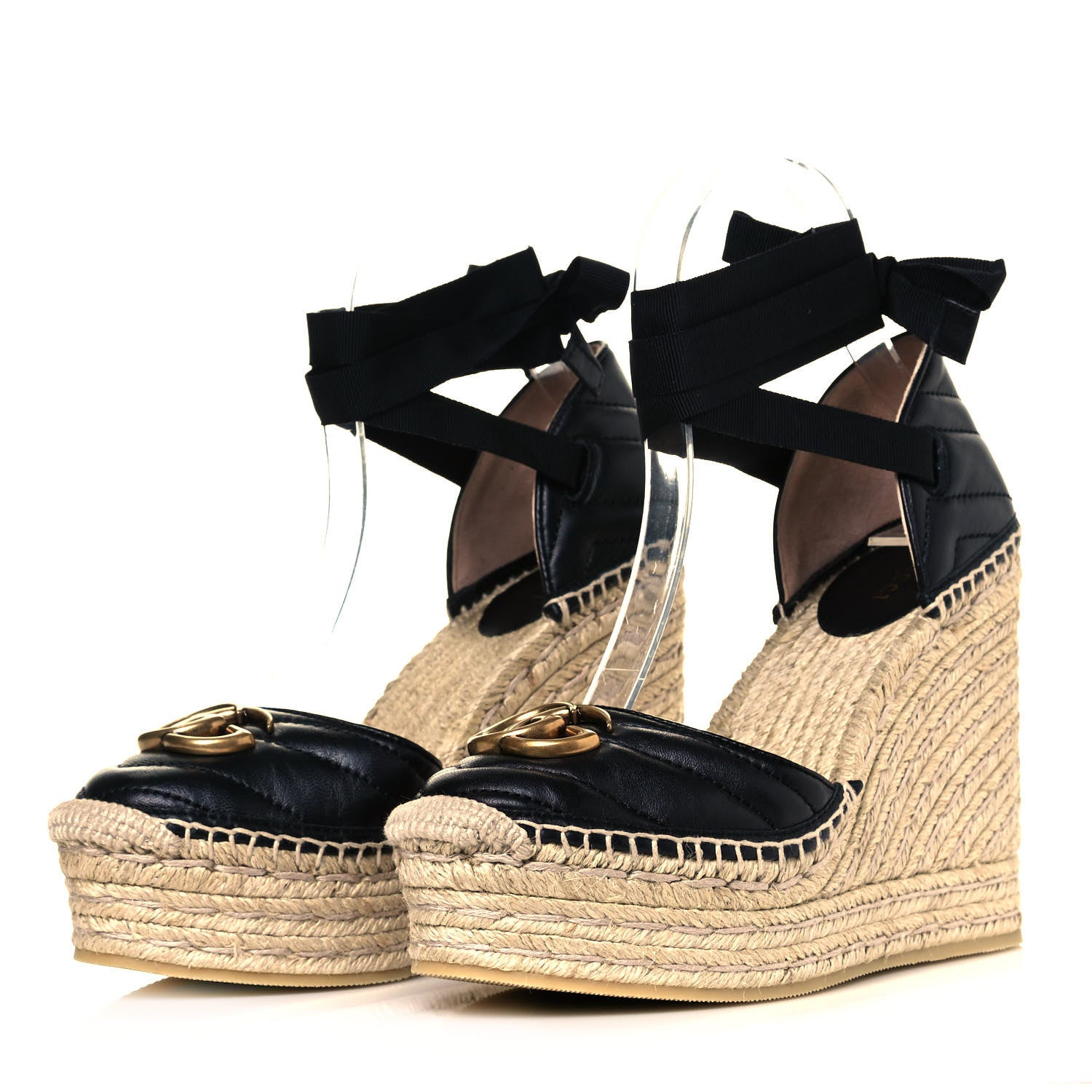 Gucci Nappa Matelasse GG Marmont Ankle Wrap Platform 35/120mm Espadrille Wedges 36.5 Black 3 of 8