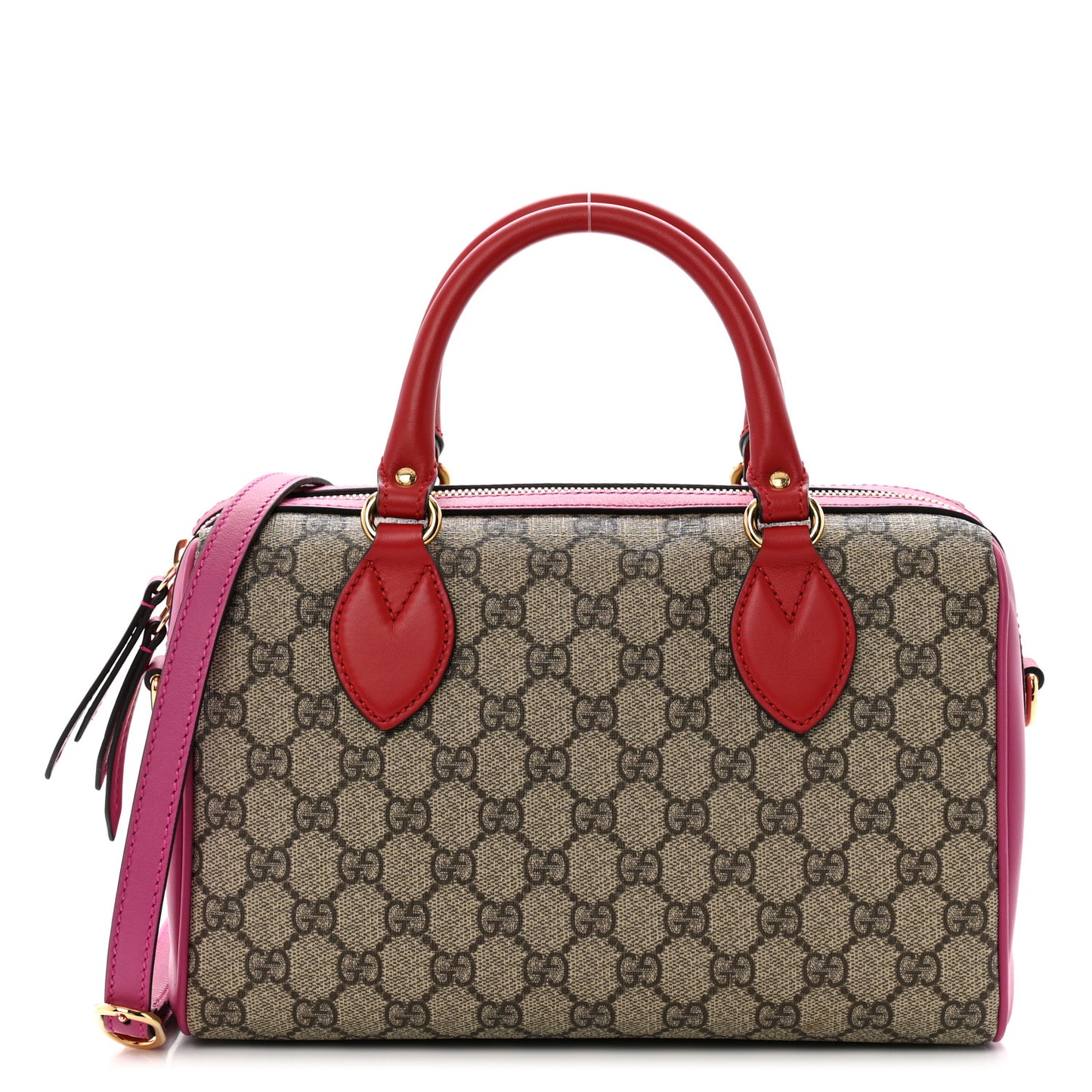 GG Supreme Monogram Moon Calfskin Small Boston Beige Ebony Hibiscus Red New Rosette