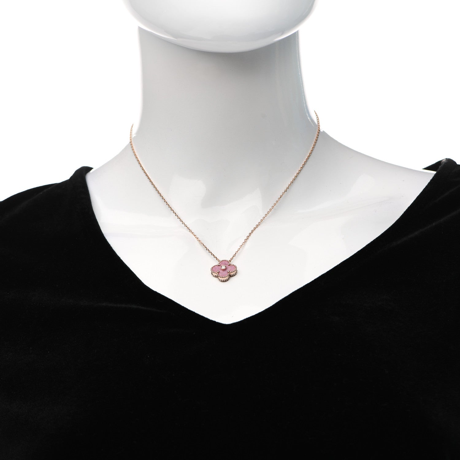 Van Cleef & Arpels 18K Rose Gold Diamond Rhodonite Vintage Alhambra Pendant Necklace 2 of 6