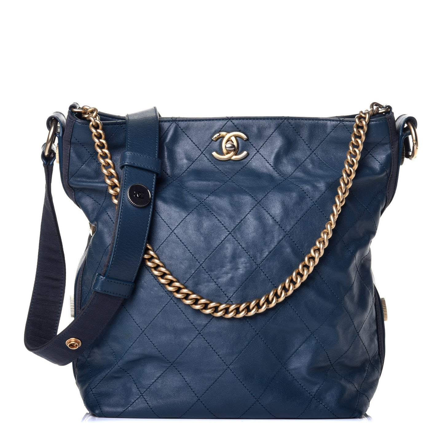 Calfskin Stitched Large Button Up Hobo Dark Blue