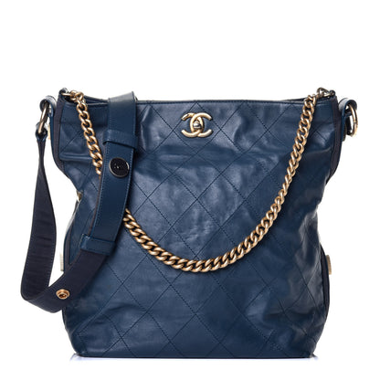 Chanel Calfskin Stitched Large Button Up Hobo Dark Blue 1 of 9