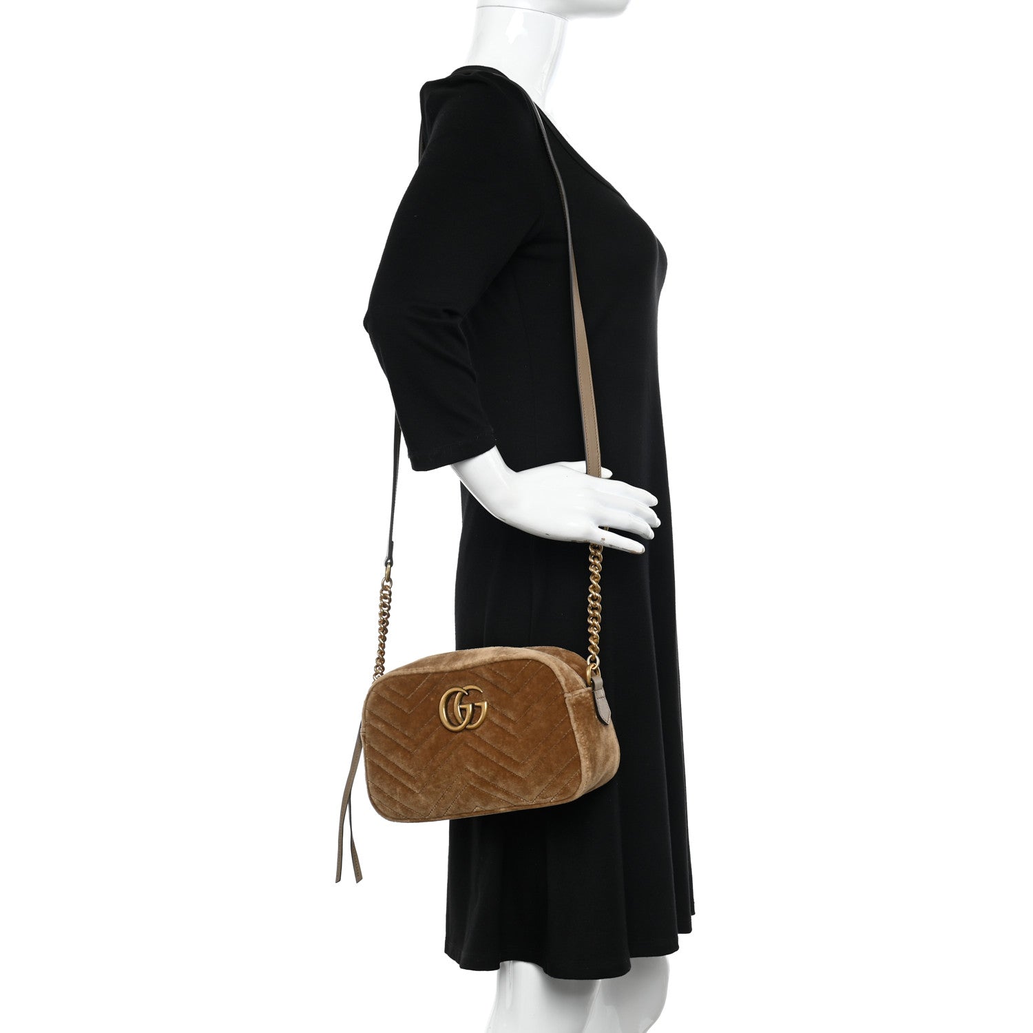 Gucci Velvet Matelasse Small GG Marmont Chain Shoulder Bag Taupe 2 of 10