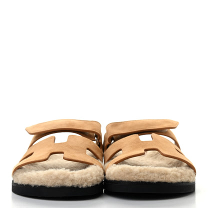 Hermes Suede Goatskin Woolskin Womens Chypre Sandals 37 Golden Beige 2 of 10