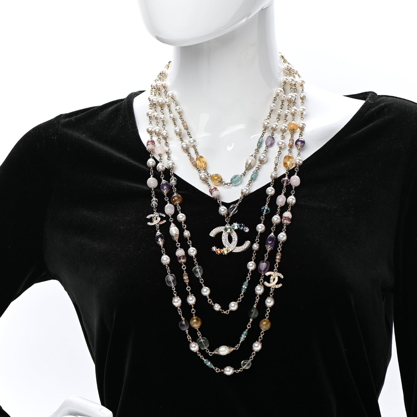 Pearl Crystal Over The Rainbow CC Multi Strand Necklace Gold Multicolor