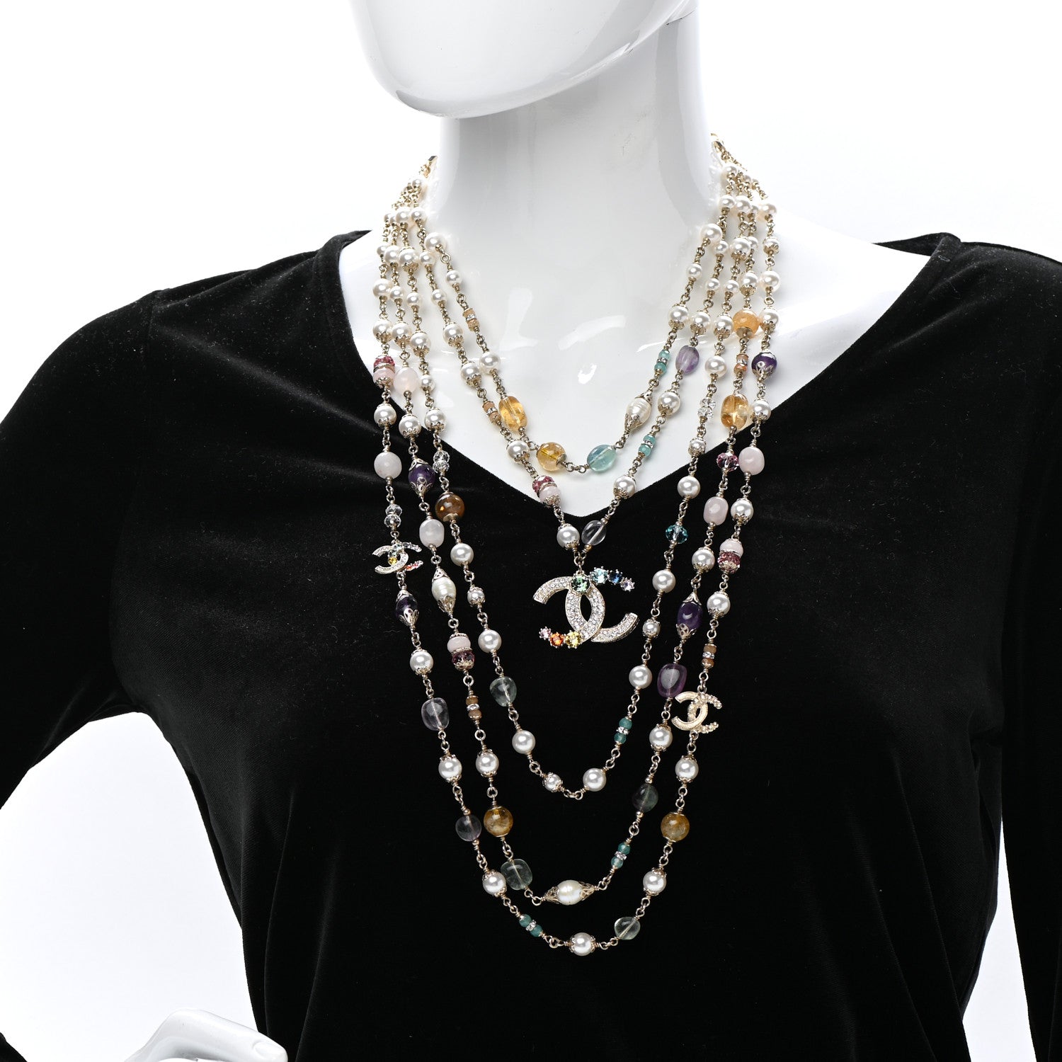Chanel Pearl Crystal Over The Rainbow CC Multi Strand Necklace Gold Multicolor 2 of 7