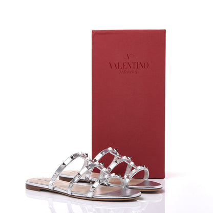 Valentino Garavani Metallic Nappa Rockstud Caged Flat Slide Sandals 38 Silver 9 of 9