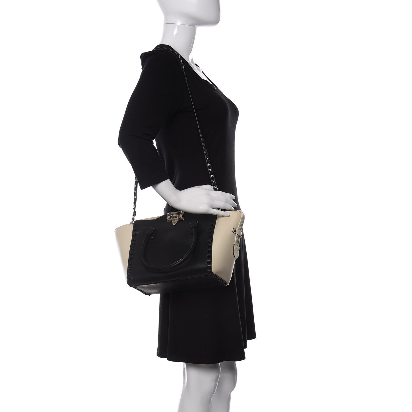 Vitello Bi-Color Small Rockstud Double Handle Tote Ivory Black