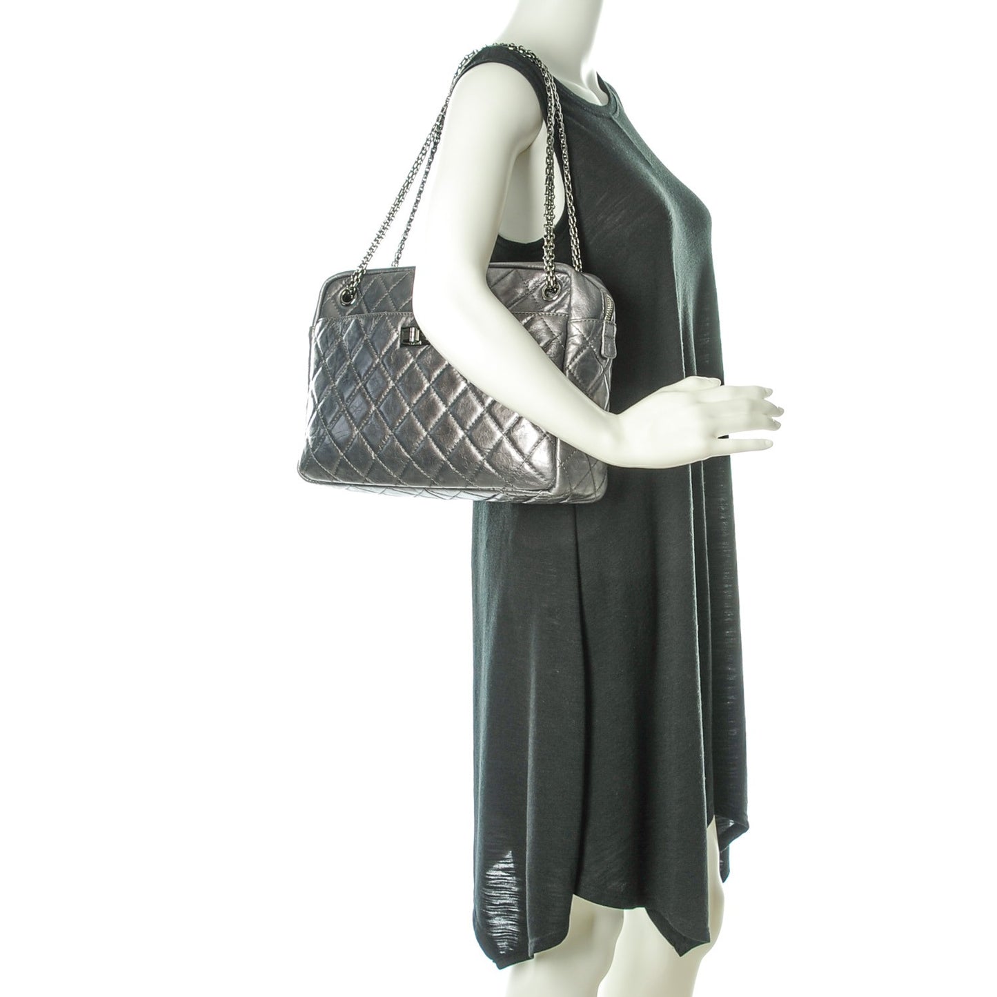 Metallic Aged Calfskin Quilted Large Reissue Camera Case Silver