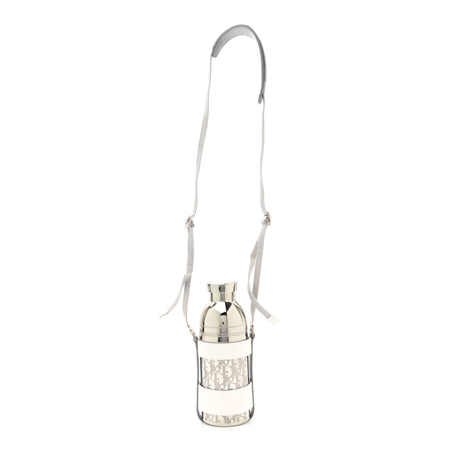 Oblique Stainless Steel Grained Calfskin Aqua Bottle With Shoulder Strap Off White