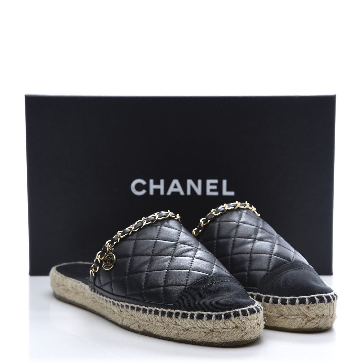 Lambskin Grosgrain Quilted CC Chain Espadrille Mules 37 Black