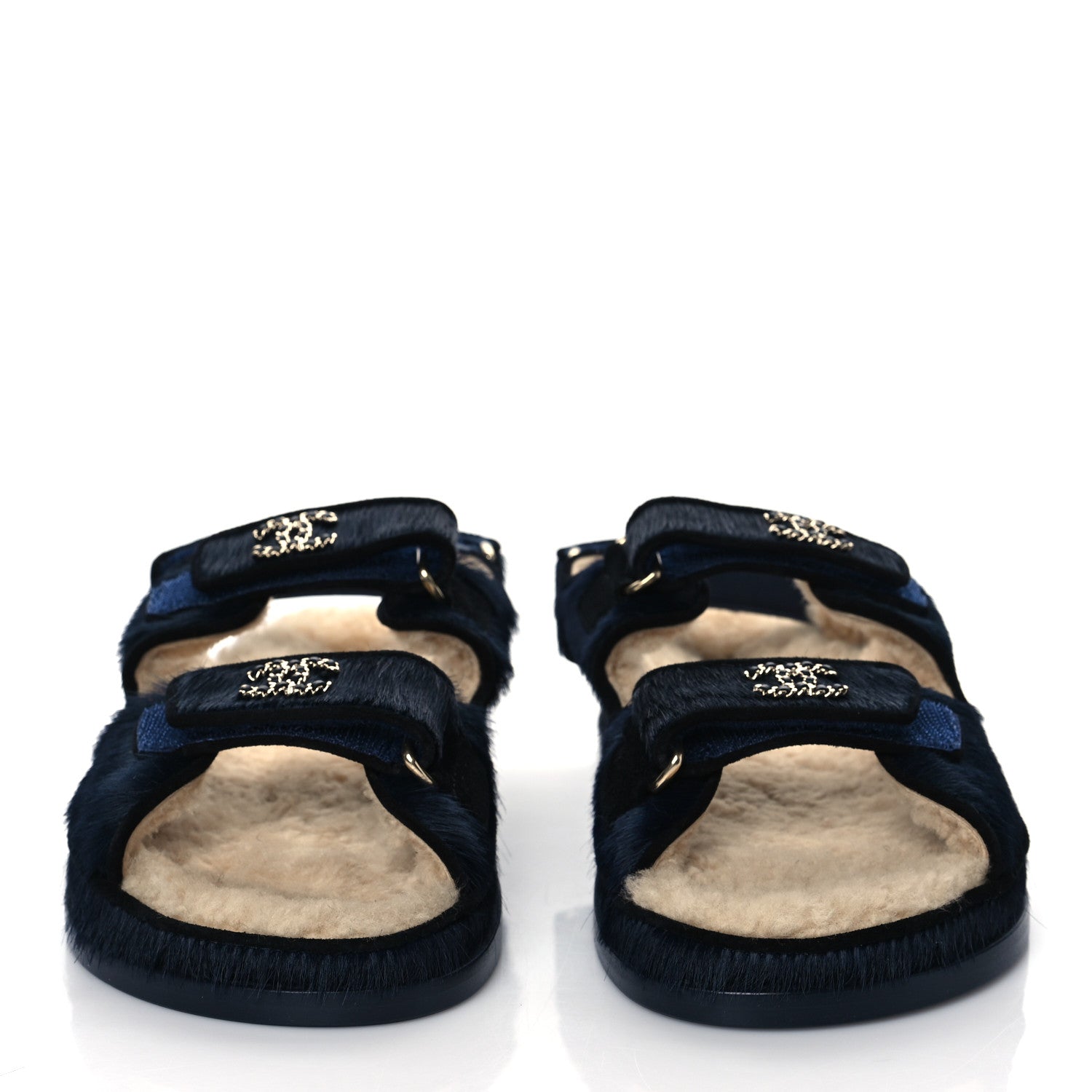 Chanel Calfskin Hair Suede Shearling Dad Sandals 37 Navy Black 2 of 9