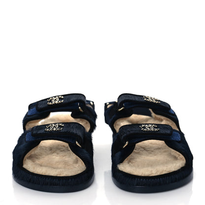 Chanel Calfskin Hair Suede Shearling Dad Sandals 37 Navy Black 2 of 9