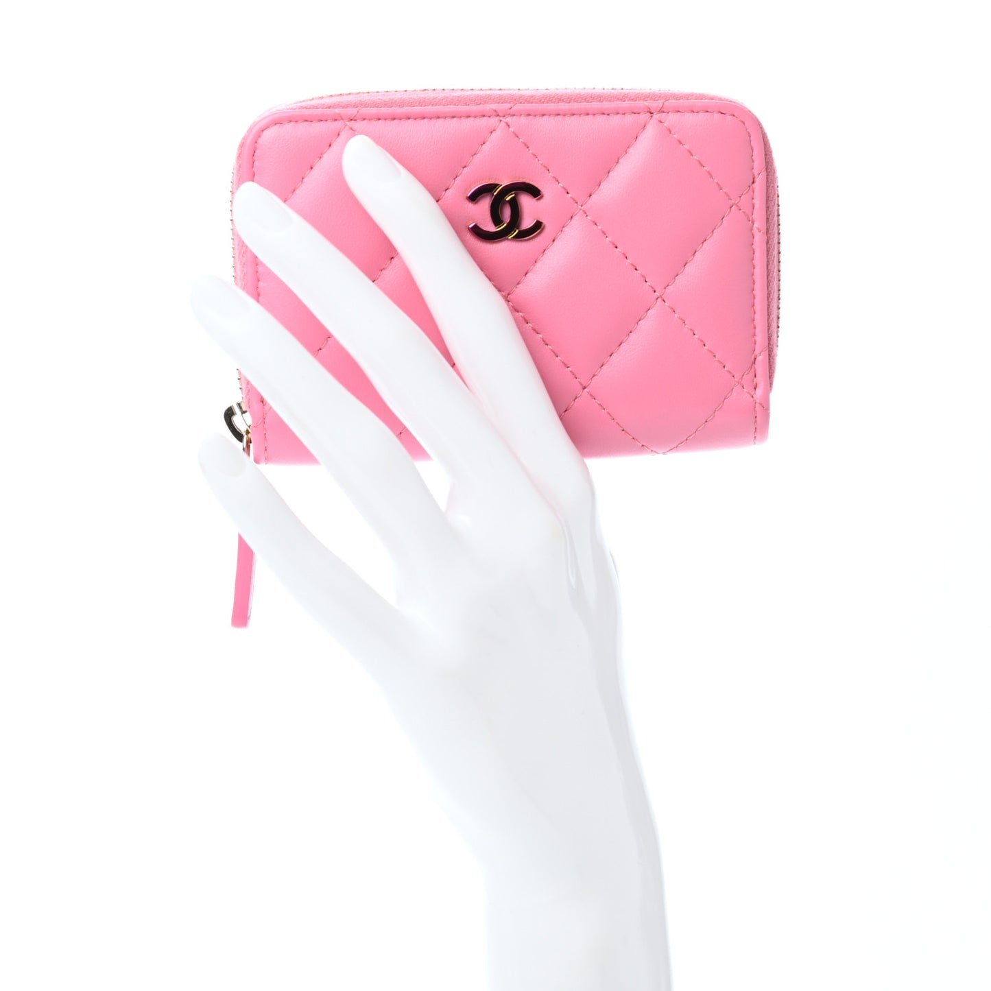 Lambskin Quilted Zip Around Coin Purse Wallet Pink Yellow