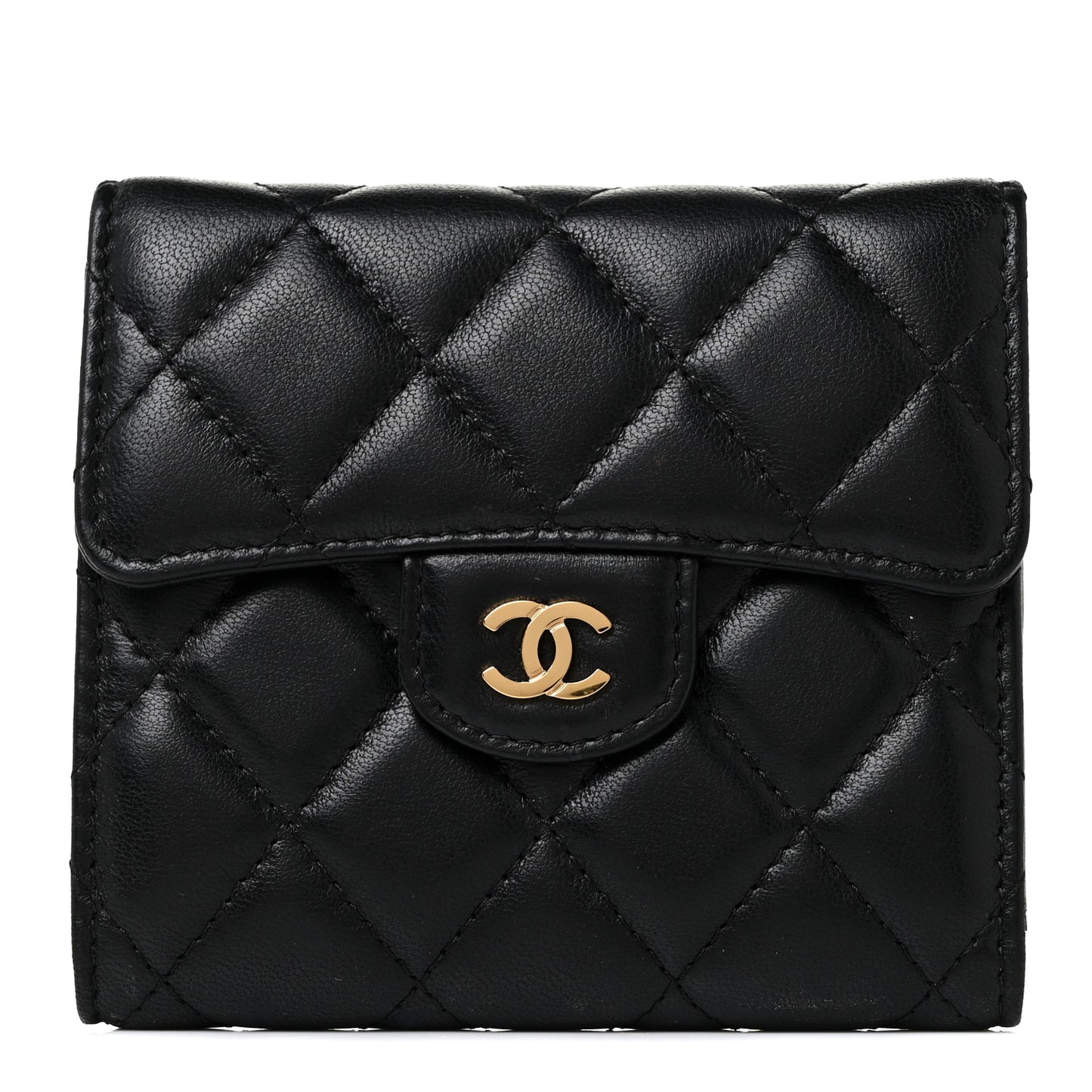 Lambskin Quilted Compact Flap Wallet Black