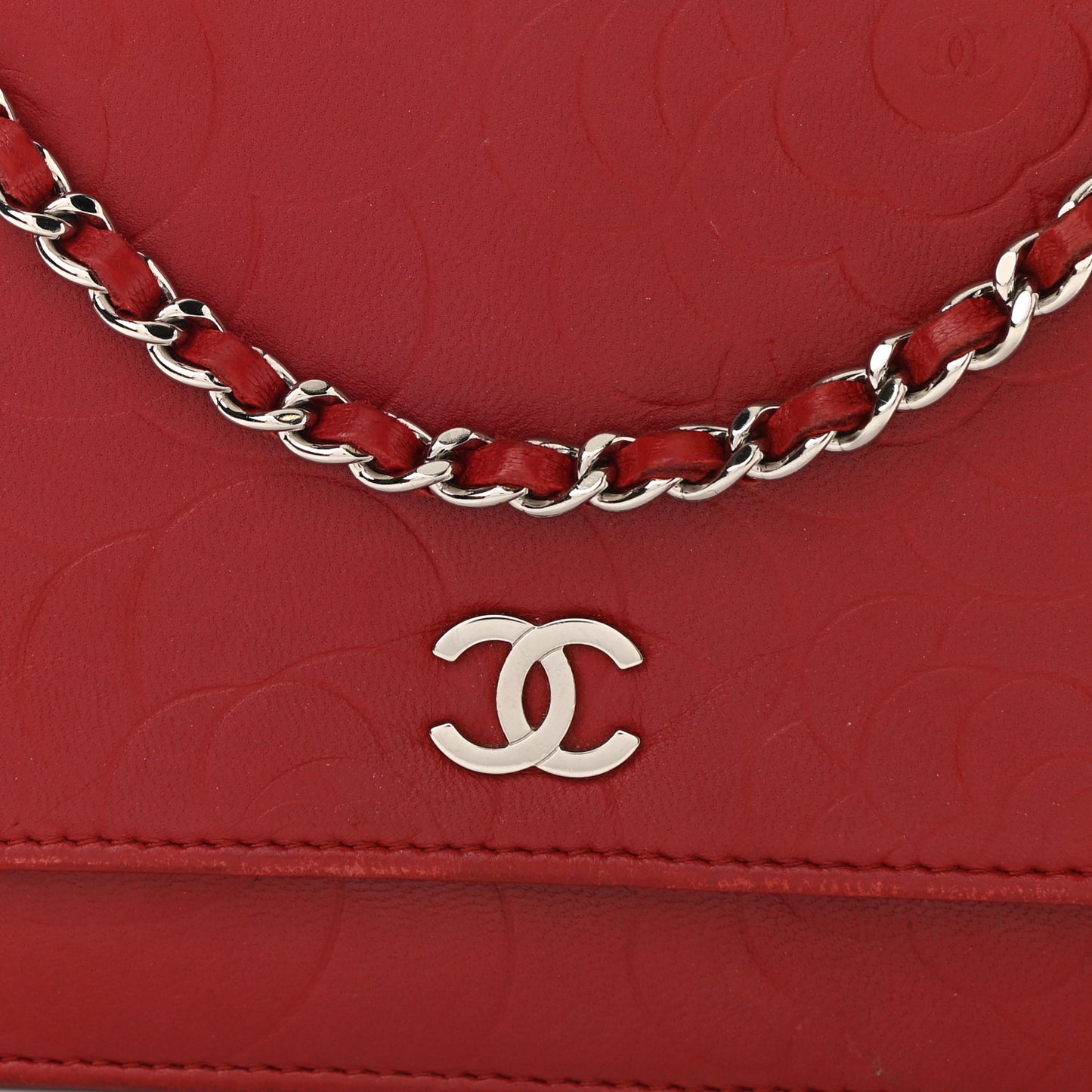 Lambskin Camellia Embossed Wallet On Chain WOC Red