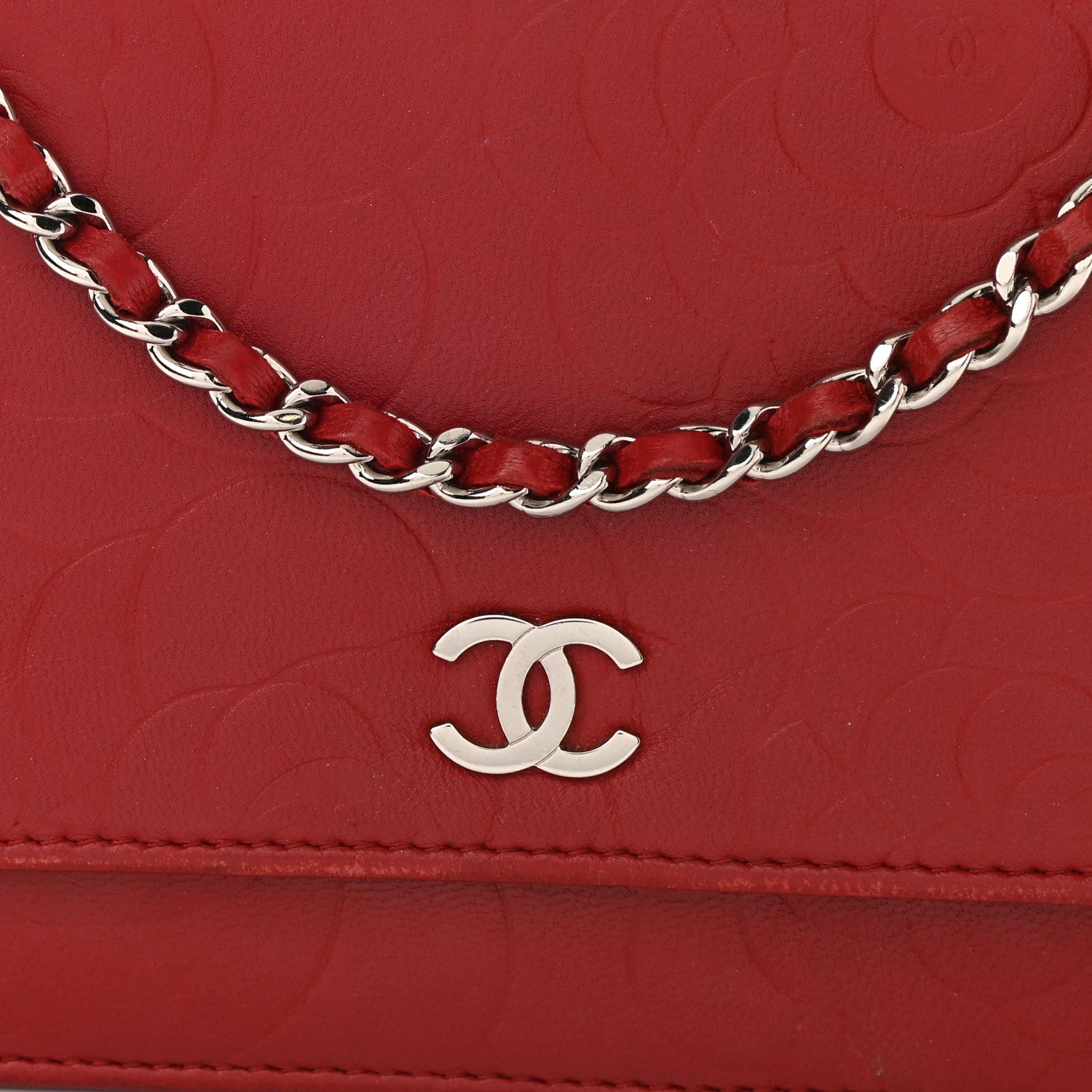 Chanel Lambskin Camellia Embossed Wallet On Chain WOC Red 9 of 13