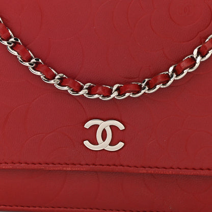 Chanel Lambskin Camellia Embossed Wallet On Chain WOC Red 9 of 13
