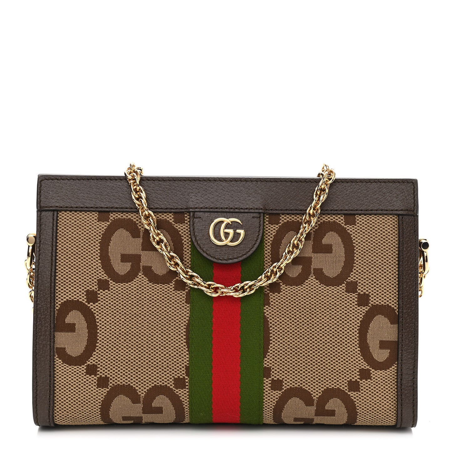 Monogram Jumbo GG Textured Dollar Calfskin Web Small Ophidia Chain Shoulder Bag Camel Ebony New Acero