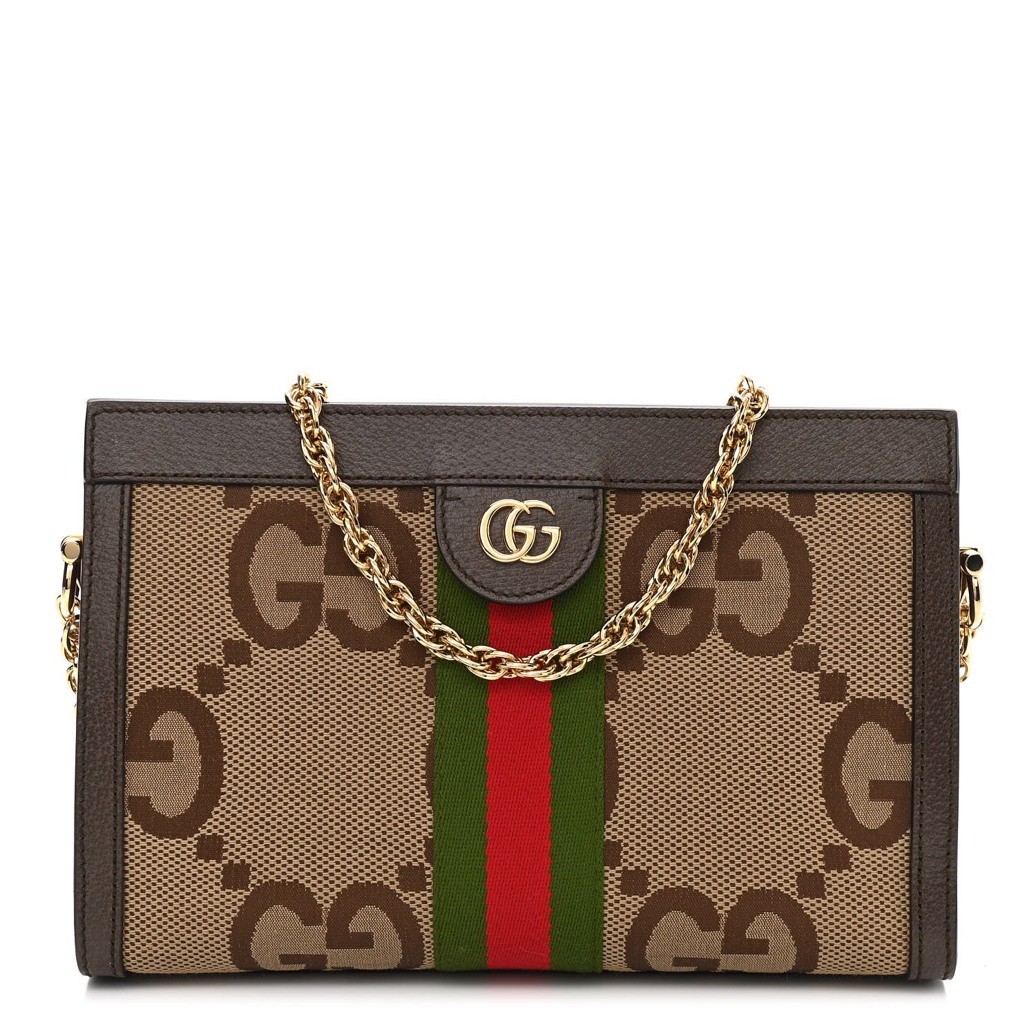 Gucci Monogram Jumbo GG Textured Dollar Calfskin Web Small Ophidia Chain Shoulder Bag Camel Ebony New Acero 1 of 11