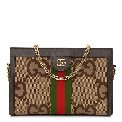 Gucci Monogram Jumbo GG Textured Dollar Calfskin Web Small Ophidia Chain Shoulder Bag Camel Ebony New Acero 1 of 11