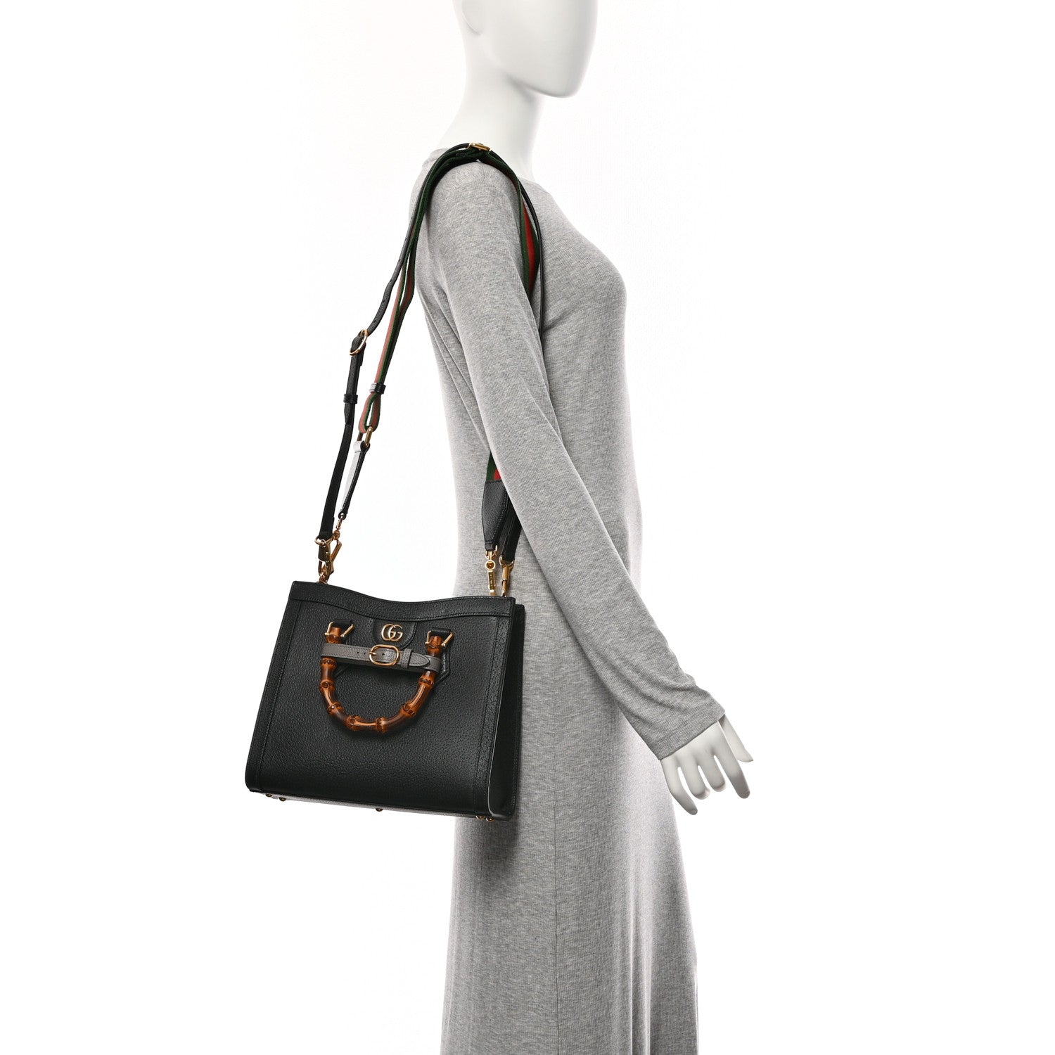Gucci Textured Dollar Calfskin Web Small Diana Tote Bag Black Dusty Grey 2 of 11
