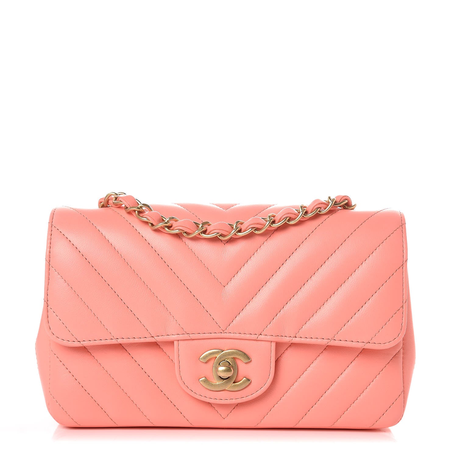 Chanel Lambskin Chevron Quilted Mini Rectangular Flap Coral 1 of 8