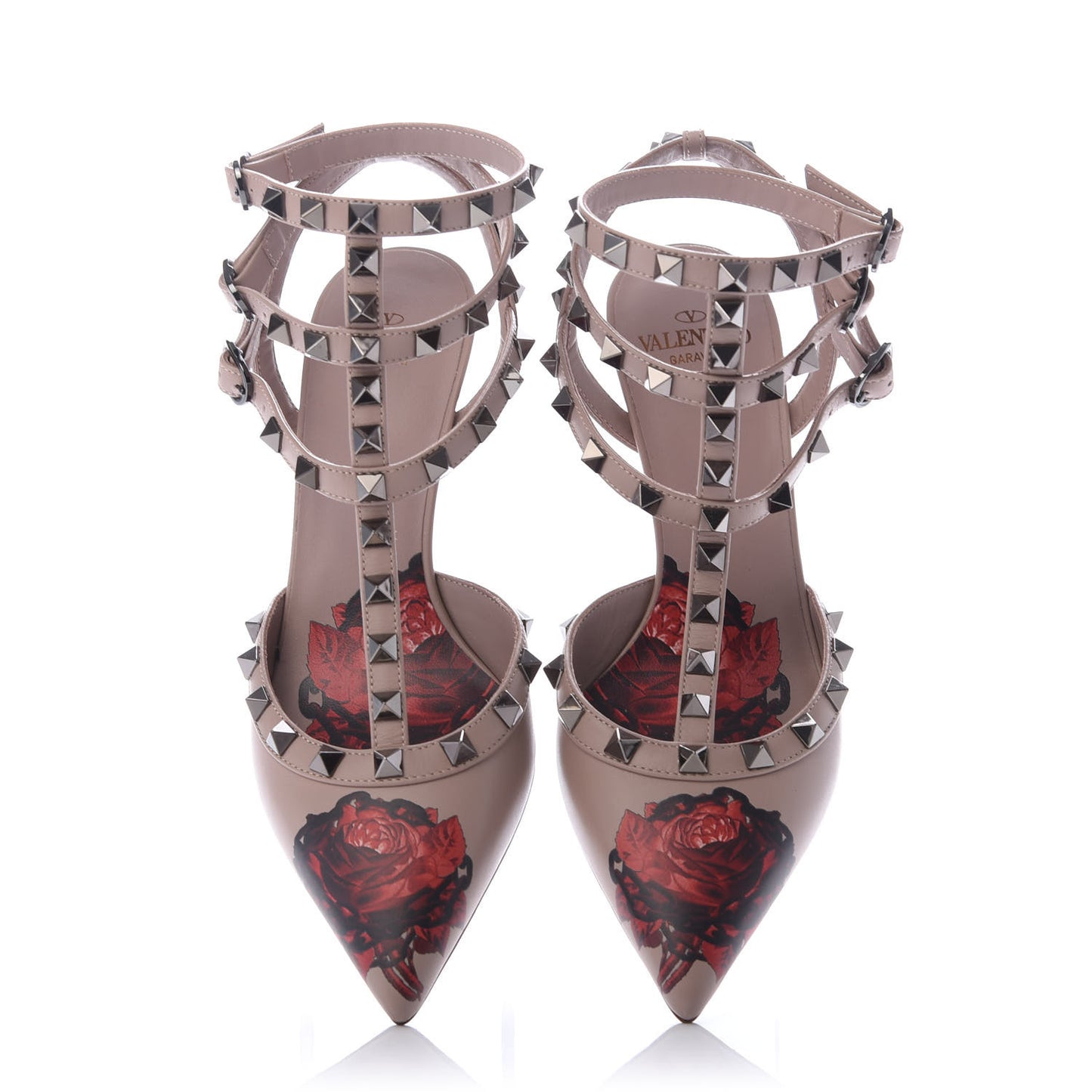 X UNDERCOVER Calfskin Rockstud Ankle Strap Low Heel Pumps 36.5 Poudre