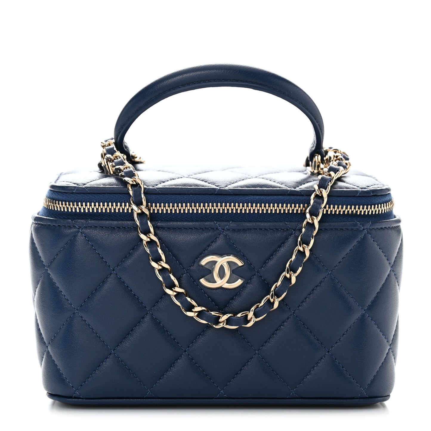 Lambskin Quilted Small Top Handle Vanity Case With Chain Dark Blue