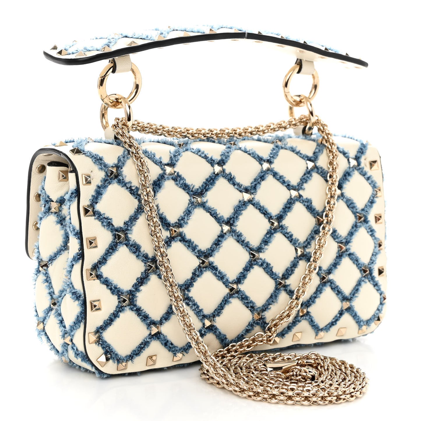 Nappa Denim Quilted Rockstud Medium Spike Shoulder Bag Ivory Blue