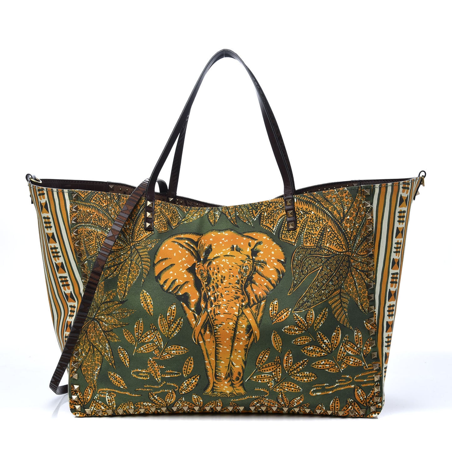 Calfskin Canvas Elephant Embossed Medium Rockstud Reversible Tote Brown