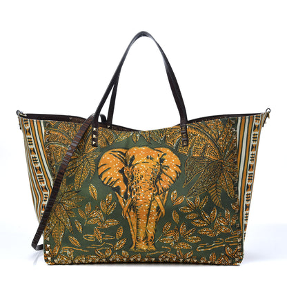 Valentino Garavani Calfskin Canvas Elephant Embossed Medium Rockstud Reversible Tote Brown 2 of 16