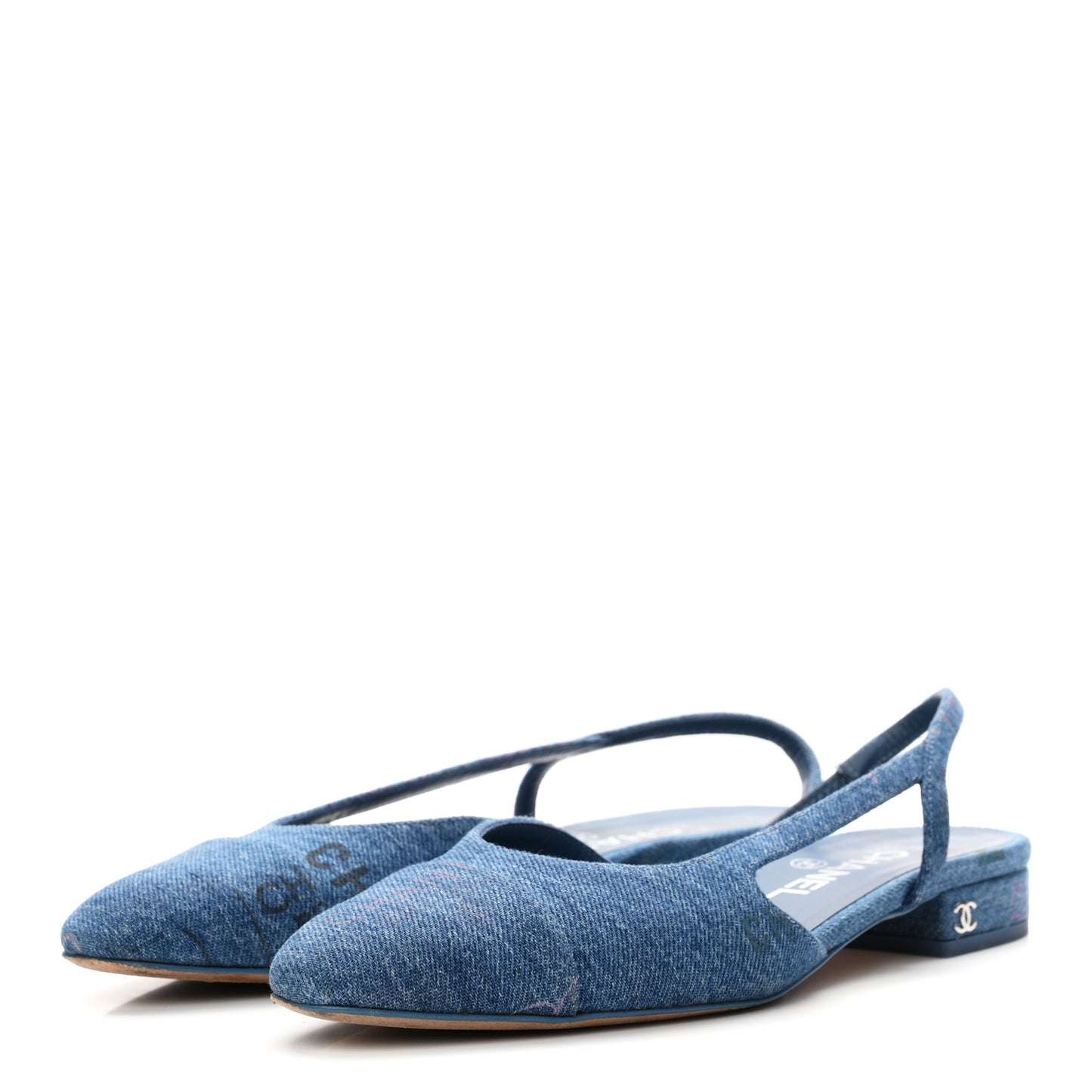 Denim Printed Denim Mood Cap Toe CC Slingback Flats 36.5 Light Blue Multicolor