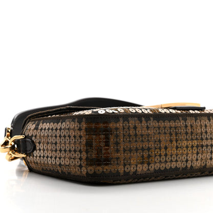 Fendi Fabric Jacquard Paillettes Vitello Seta FF Baguette Testa di Moro Real Ebano 10 of 11