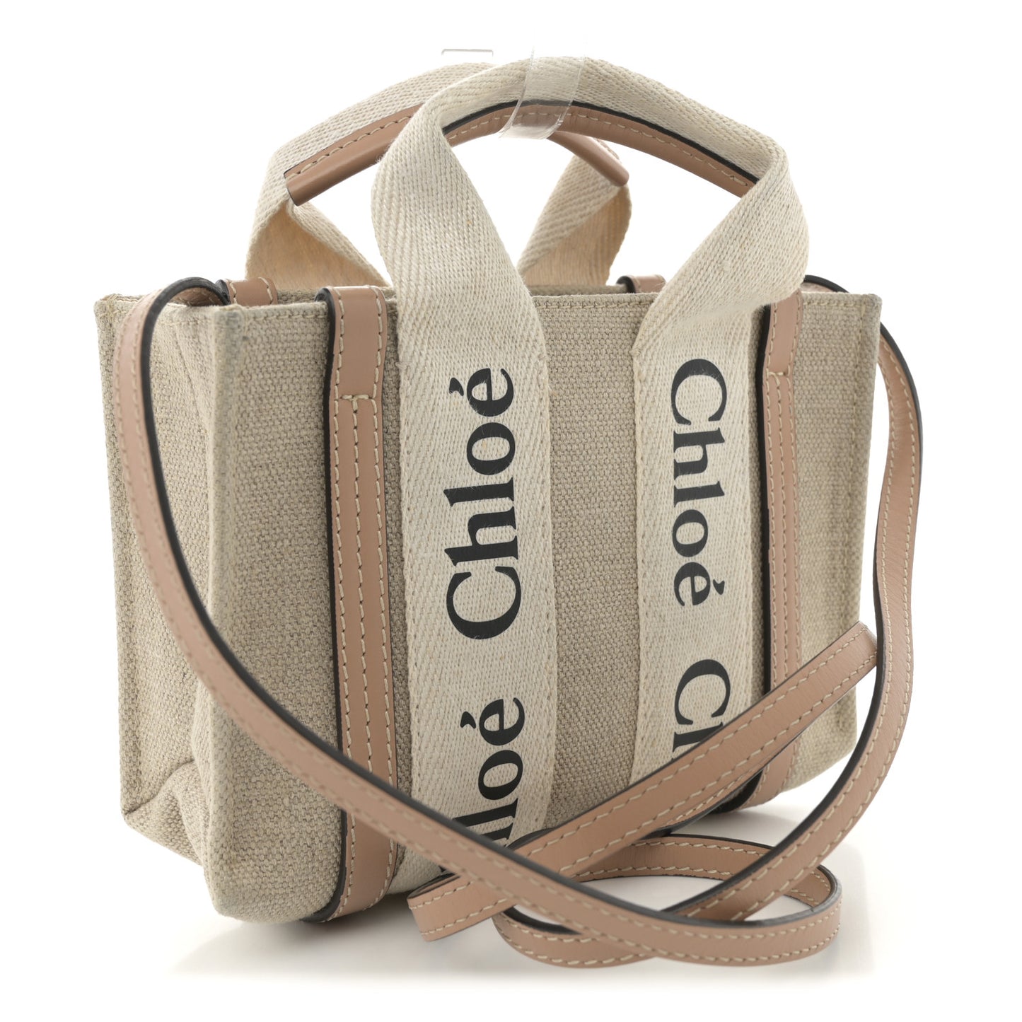Linen Calfskin Small Woody Ribbon Tote With Strap White Light Brown