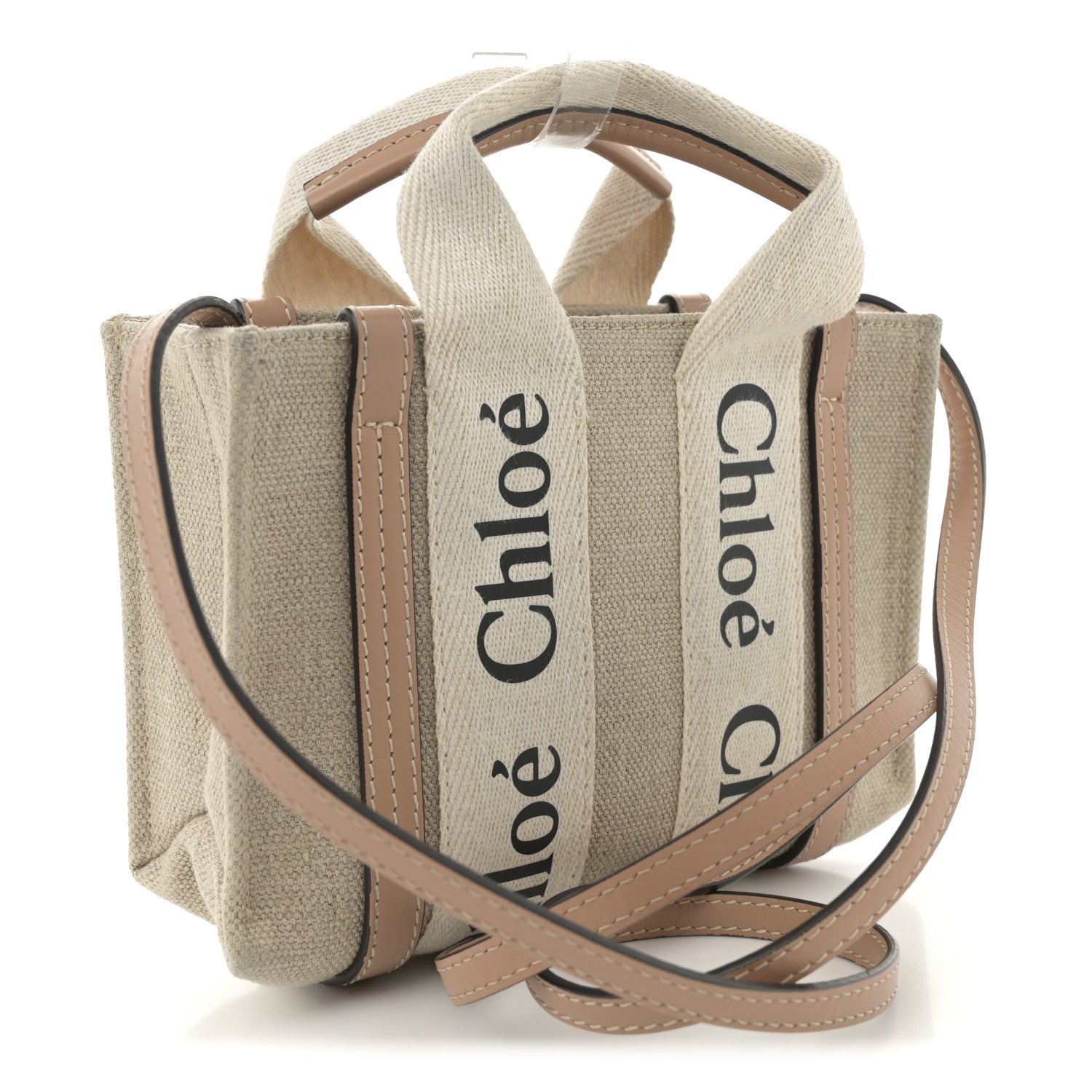 Chloe Linen Calfskin Small Woody Ribbon Tote With Strap White Light Brown 3 of 13