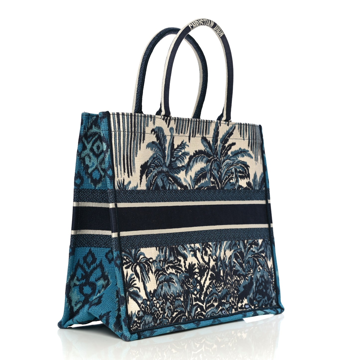 Canvas Embroidered Large Palm Tree Toile De Jouy Book Tote Blue Multicolor