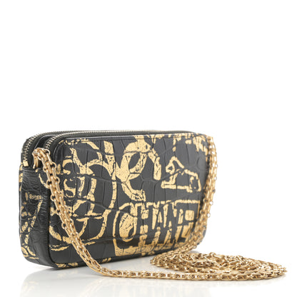 Chanel Calfskin Crocodile Embossed Graffiti 2.55 Cocodile Reissue Clutch With Chain Black Gold 3 of 14