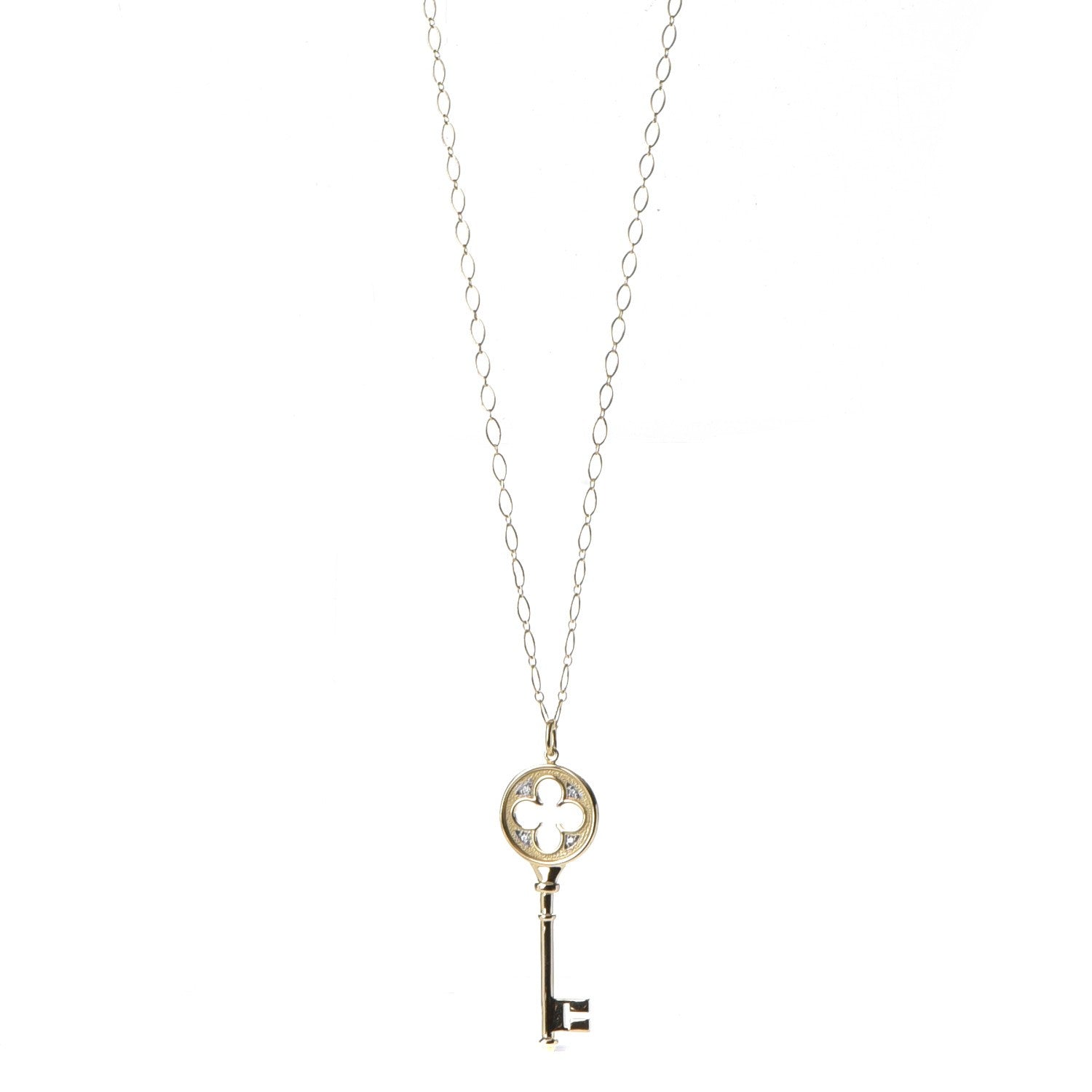Tiffany 18K Yellow Gold Diamond Quatrefoil Key Pendant Necklace 1 of 7