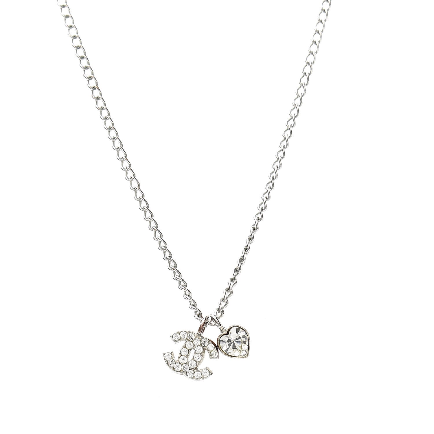 Chanel Crystal Mini Heart CC Necklace Silver 5 of 6