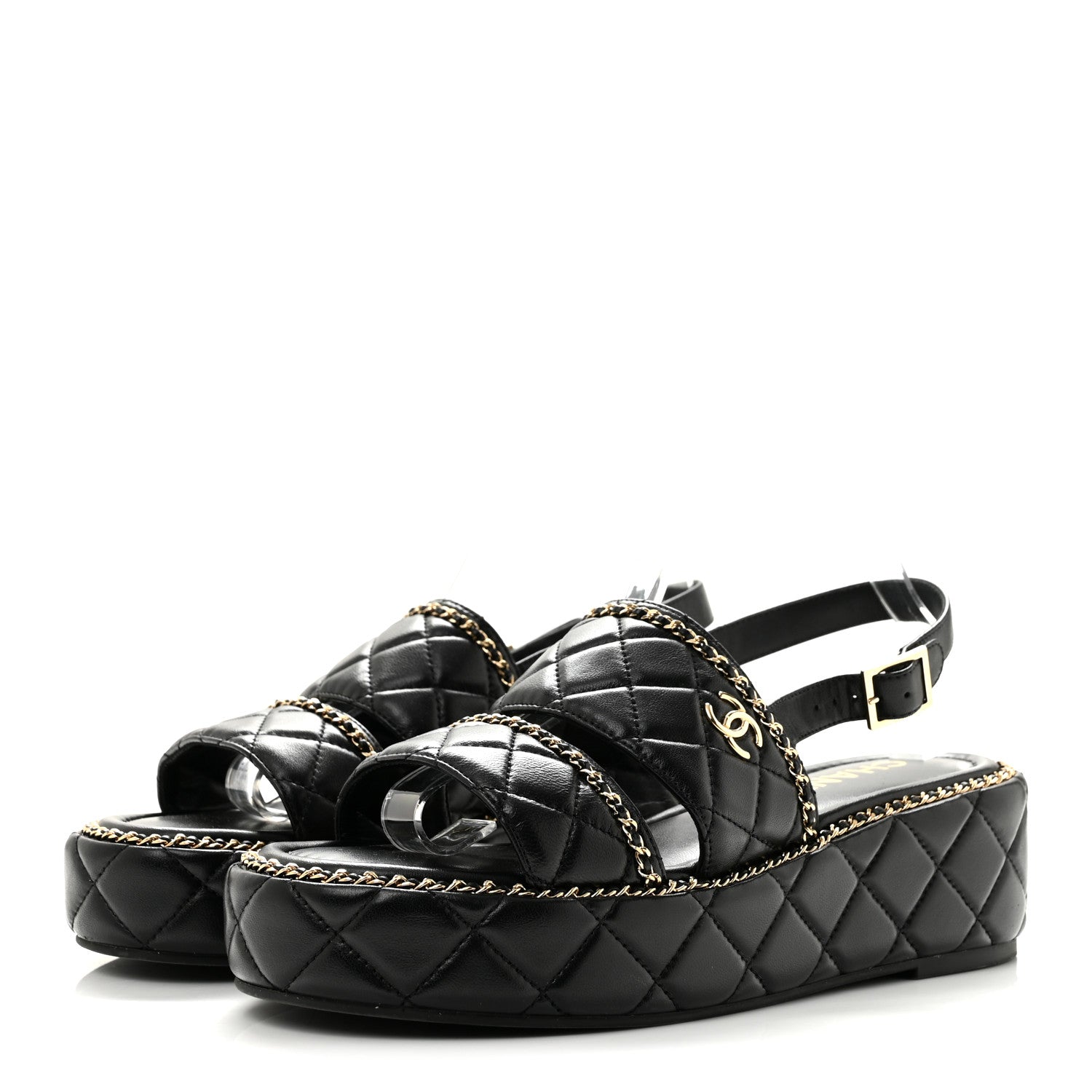Chanel Shiny Lambskin Quilted Chain Around CC Platform Sandals 40 Black 4 of 9